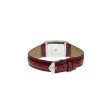 Montre femme LIP C18 Churchill fabriquée à Besançon, boîtier carré acier 21 mm, cadran argenté soleillé, aiguilles bleues, bracelet cuir rouge foncé effet croco.