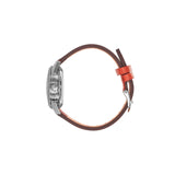 Montre Lip Himalaya femme : mouvement automatique, boîtier acier 316L, verre saphir antireflet, cadran blanc sablier, bracelet cuir orange, élégance et robustesse.