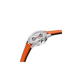 Montre Lip Himalaya femme : mouvement automatique, boîtier acier 316L, verre saphir antireflet, cadran blanc sablier, bracelet cuir orange, élégance et robustesse.