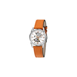 Montre Lip Himalaya femme : mouvement automatique, boîtier acier 316L, verre saphir antireflet, cadran blanc sablier, bracelet cuir orange, élégance et robustesse.