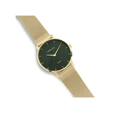 La montre Odette, avec son boîtier en or jaune et son cadran à motif soleil vert foncé, est faite pour ceux qui souhaitent se démarquer par leur élégance unique et leur originalité.