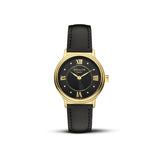 La montre Stella, avec son boîtier doré, son bracelet en cuir noir et son cadran noir profond, apporte une touche de glamour sophistiqué à toutes vos tenues. Une pièce éclatante qui attire tous les regards.