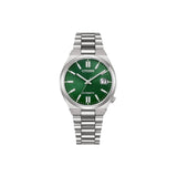 Citizen NJ0200-50X – montre automatique 37 mm acier, cadran vert, bracelet acier, verre saphir, date, étanchéité 50 m. Style compact, chic et moderne