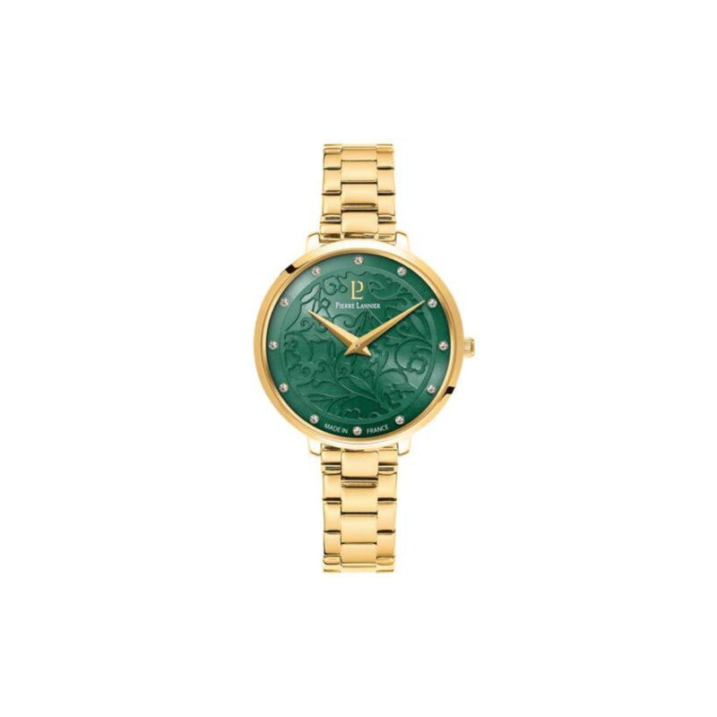 Montre femme Pierre Lannier 044N572. Revêtue de doré et dotée d’un cadran vert à dentelle, elle incarne une allure raffinée qui vous séduira. Fabriquée en France, elle est disponible chez Maison Goget, Route de Laval, Sablé-sur-Sarthe.