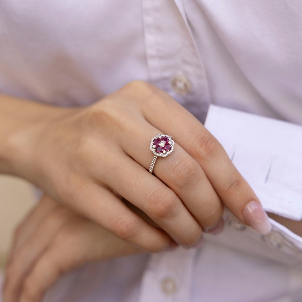 Bague Dolly-Bijoux T48 Fleur Rubis Et Diamant Cz - Plaqué Or 18K, Made In France