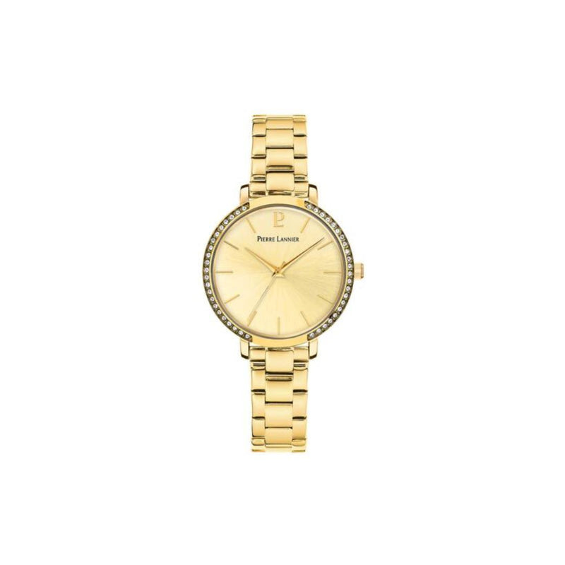 Montre femme Pierre Lannier 037H542 de la collection Chouquette. Un bijou au quotidien avec son boîtier de 30 mm, cadran doré soleillé et lunette sertie. Résolument féminine, elle est dotée d’un bracelet en acier doré brillant interchangeable avec un bracelet en cuir ou en maille milanaise de 12 mm. Fabriquée en France, elle est disponible chez Maison Goget, Route de Laval, Sablé-sur-Sarthe.