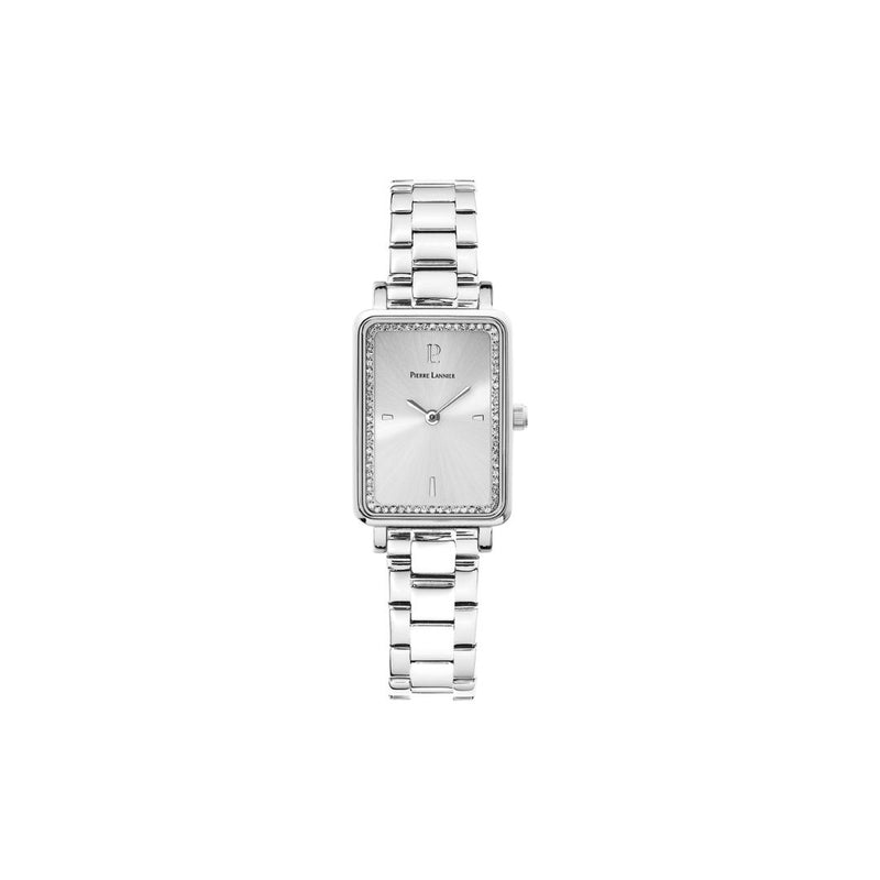 Montre femme Pierre Lannier Ariane 073H621. Cadran argenté et bracelet en acier brillant, avec lunette délicatement ornée de cristaux pour une touche d'élégance. Fabriquée en France, elle est disponible chez Maison Goget, Route de Laval, Sablé-sur-Sarthe.