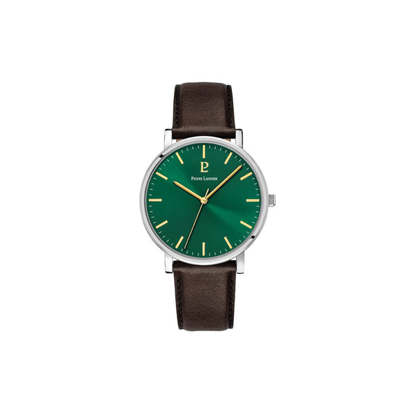 Montre Pierre Lannier Essential 217G174 pour hommes. Cadran vert élégant et bracelet en cuir brun, combinant intemporalité et touche contemporaine. Fabriquée en France, elle apporte une sophistication unique en toutes occasions. Disponible chez Maison Goget, Route de Laval, Sablé-sur-Sarthe.