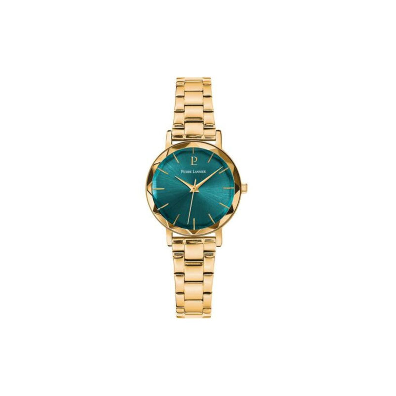 Montre femme Pierre Lannier 012P562 de la collection Multiples. Cadran vert captivant et bracelet en acier doré alliant style contemporain et élégance. Un mélange parfait de couleurs et de matériaux pour une esthétique moderne et chic, idéale pour les femmes audacieuses en quête d'un accessoire remarquable. Disponible chez Maison Goget, Sablé-sur-Sarthe.