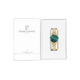 Montre femme Pierre Lannier 012P562 de la collection Multiples. Cadran vert captivant et bracelet en acier doré alliant style contemporain et élégance. Un mélange parfait de couleurs et de matériaux pour une esthétique moderne et chic, idéale pour les femmes audacieuses en quête d'un accessoire remarquable. Disponible chez Maison Goget, Sablé-sur-Sarthe.