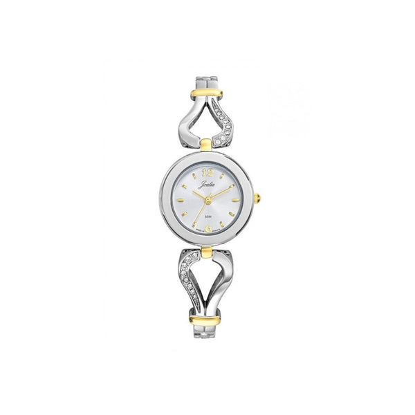Découvrez cette montre femme au boîtier rond argenté de 27 mm avec un cadran argenté lumineux. Son bracelet bicolore chromé et doré en laiton, orné de strass étincelants, apporte une touche chic et raffinée. Étanche jusqu’à 50 mètres, elle allie style et fonctionnalité pour un usage quotidien.