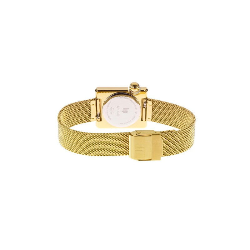 Cette déclinaison chic de la Lip Mach 2000 mini square est parée d'un bracelet ajustable, doré à mailles milanaises. La Marquise Gold s'est transformée en une montre bijou raffinée. De jour comme de nuit, sa ligne asymétrique fine et élégante et son cadran muni de deux aiguilles dorées sauf celle des heures qui est noire, en font une montre très féminine et de chaque instant. Son bracelet en mailles milanaises est interchangeable très facilement, à la main sans outil et vous permettra de personnaliser votre