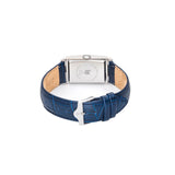 Découvrez la montre LIP Churchill T24 671279, fabriquée à Besançon : boîtier rectangulaire en acier, cadran argenté et bracelet cuir bleu.