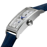 Découvrez la montre LIP Churchill T24 671279, fabriquée à Besançon : boîtier rectangulaire en acier, cadran argenté et bracelet cuir bleu.