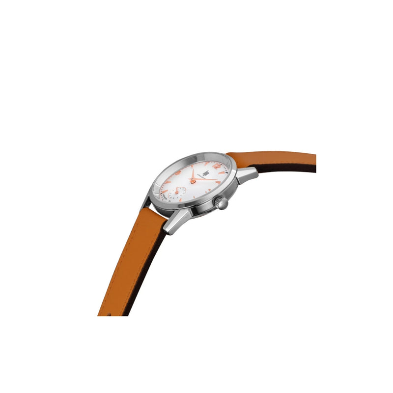 Lip Himalaya femme : montre classique et polyvalente avec boîtier acier 29 mm, cadran blanc et aiguilles rose doré, bracelet cuir marron confortable et élégant.