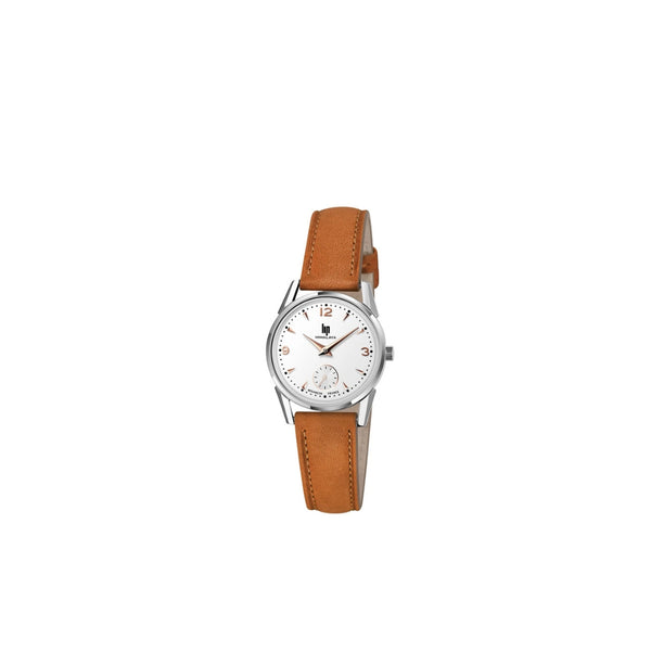 Lip Himalaya femme : montre classique et polyvalente avec boîtier acier 29 mm, cadran blanc et aiguilles rose doré, bracelet cuir marron confortable et élégant.