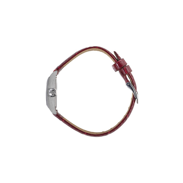 Montre femme LIP C18 Churchill fabriquée à Besançon, boîtier carré acier 21 mm, cadran argenté soleillé, aiguilles bleues, bracelet cuir rouge foncé effet croco.
