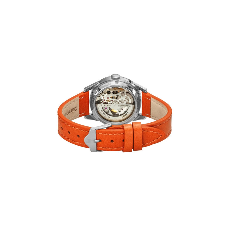 Montre Lip Himalaya femme : mouvement automatique, boîtier acier 316L, verre saphir antireflet, cadran blanc sablier, bracelet cuir orange, élégance et robustesse.