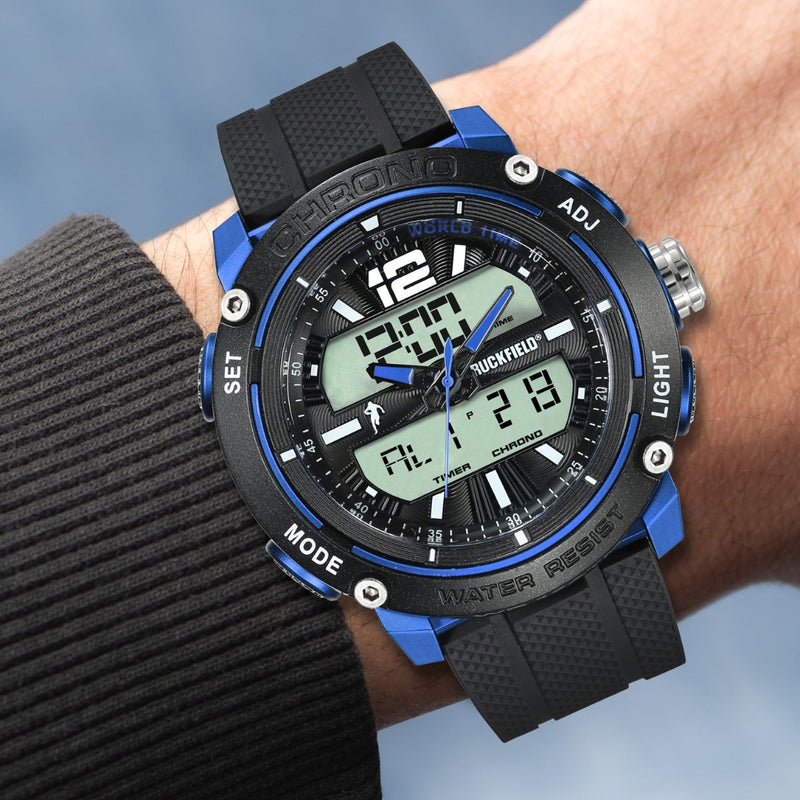 La montre Ruckfield 685089 est une montre sport homme équipée d’un mouvement de haute précision Analogique et digital. Elle comporte un chronomètre, une alarme, un deuxième fuseau horaire.