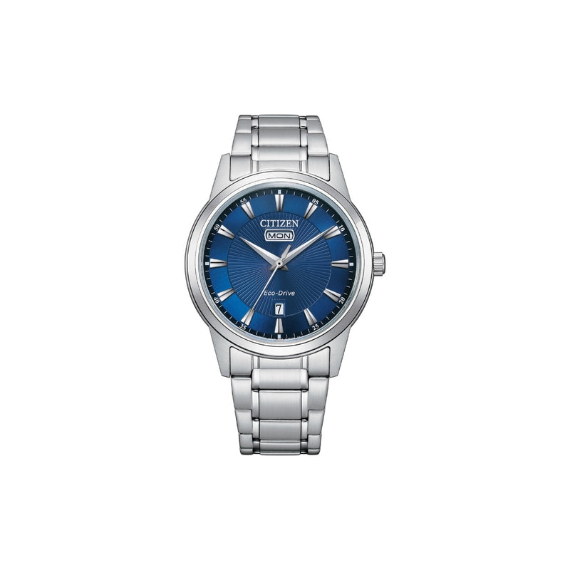 Découvrez la Citizen AW0100-86LC : montre homme acier au cadran bleu, mouvement solaire Eco-Drive, autonomie longue durée et design élégant
