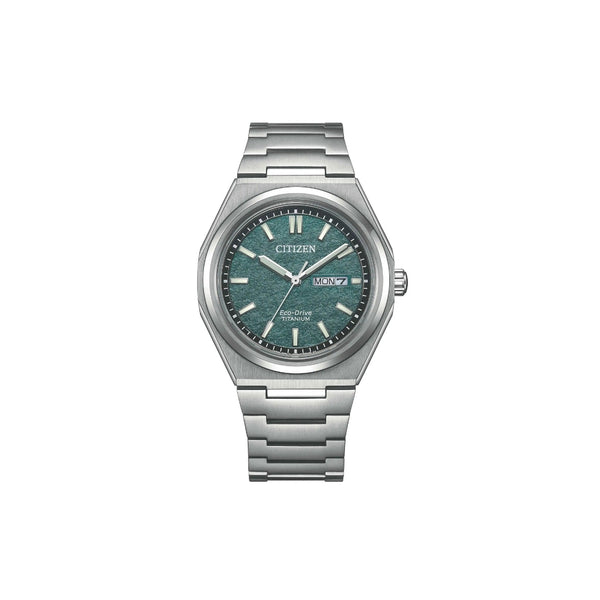 Citizen AW0130‑85XC – montre homme Super Titanium solaire Eco‑Drive, cadran vert texturé, étanchéité 100 m, design élégant et robuste pour le quotidien