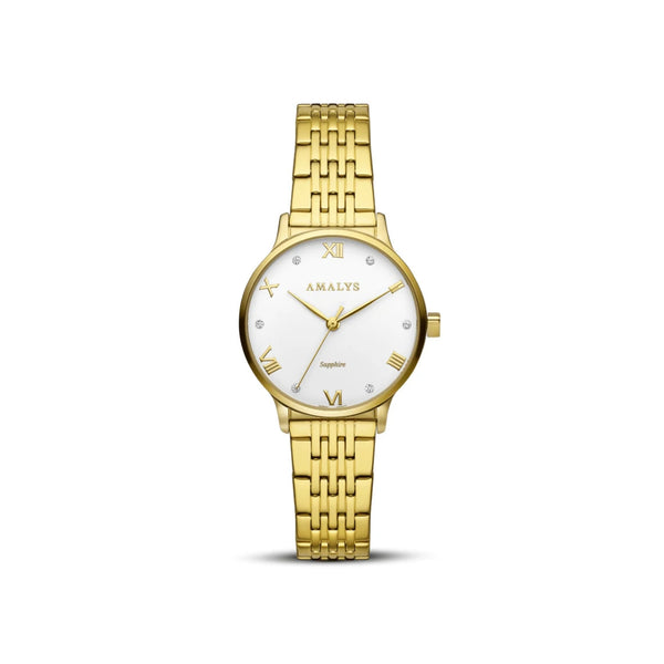 Alliance d’élégance et de modernité, la montre Coline séduit par son boîtier et son bracelet en acier doré. Son cadran blanc épuré offre un contraste subtil, idéal pour un look raffiné et lumineux.