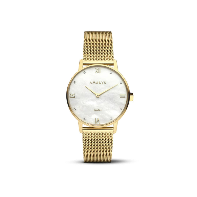 la montre Diana, cadran blanc nacré orné de petits diamants et boîtier en or, illuminera toutes vos tenues, des plus simples aux plus sophistiquées.