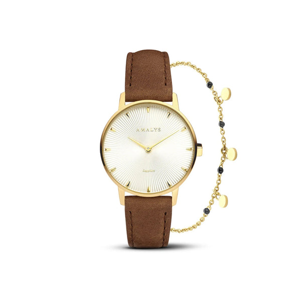 Découvrez Giftbox Léonie, le coffret cadeau parfait pour femme, composé d’une montre élégante et d’un bracelet bijou assorti. Un duo chic pour sublimer votre poignet et marquer les esprits.