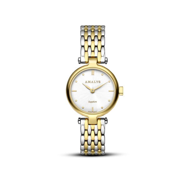 La montre Ninon, au bracelet acier bicolore joue sur les contrastes subtils. Son cadran silver sunray, animé de reflets changeants, apporte une touche sophistiquée à ce modèle intemporel.
