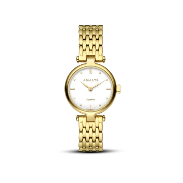 Le galet rond doré de Sunny révèle toute son élégance avec un cadran blanc épuré. Un modèle minimaliste et raffiné, pensé pour accompagner les styles les plus distingués.