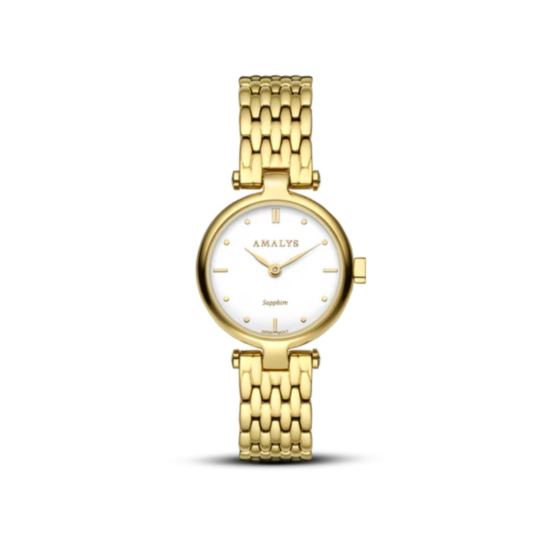 Le galet rond doré de Sunny révèle toute son élégance avec un cadran blanc épuré. Un modèle minimaliste et raffiné, pensé pour accompagner les styles les plus distingués.