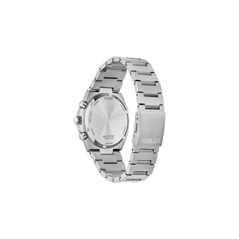 Citizen CA4610‑85A – chronographe homme Super Titanium Eco‑Drive, cadran argent, verre saphir, chronographe, date et 100 m étanche. Montre élégante et durable.