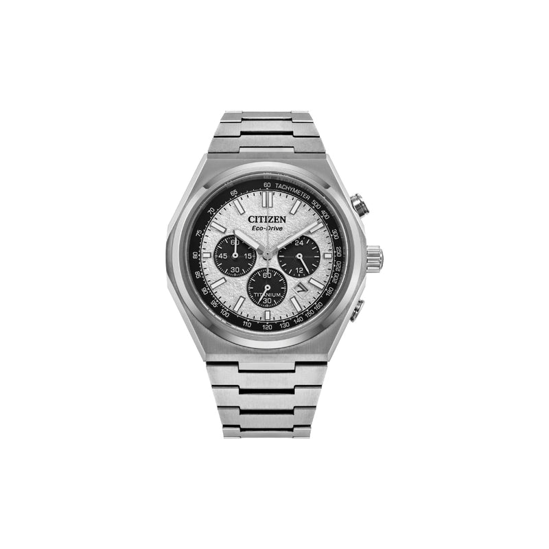 Citizen CA4610‑85A – chronographe homme Super Titanium Eco‑Drive, cadran argent, verre saphir, chronographe, date et 100 m étanche. Montre élégante et durable.