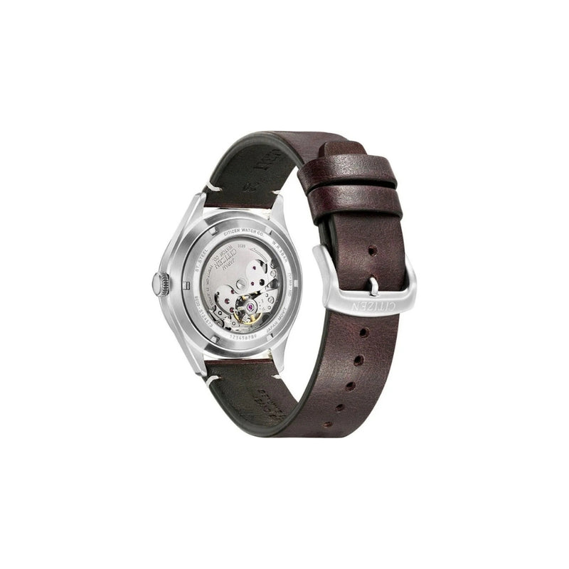 Citizen NH8390‑03XC – montre homme automatique 40 mm acier, cadran vert, bracelet cuir, affichage jour/date, étanche 50 m. Style classique et élégant.