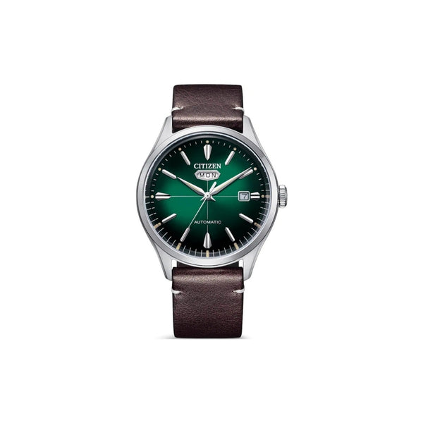 Citizen NH8390‑03XC – montre homme automatique 40 mm acier, cadran vert, bracelet cuir, affichage jour/date, étanche 50 m. Style classique et élégant.