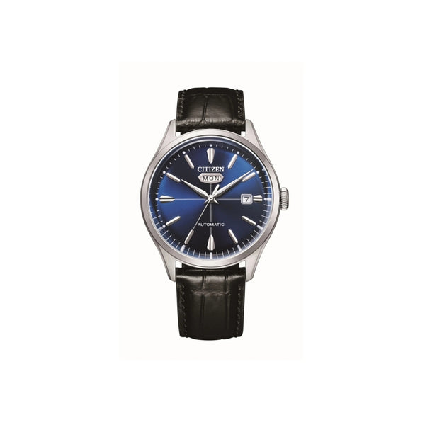 Citizen NH8390‑20LC – montre homme automatique 40 mm acier, cadran bleu, bracelet cuir noir, affichage jour/date. Élégance classique et mécanique fiable