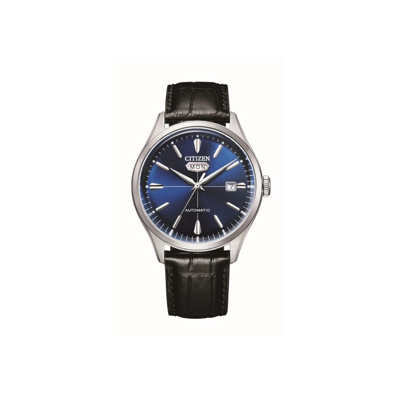 Citizen NH8390‑20LC – montre homme automatique 40 mm acier, cadran bleu, bracelet cuir noir, affichage jour/date. Élégance classique et mécanique fiable