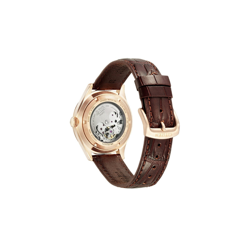 Citizen NH8393‑05AC – montre homme automatique 40 mm acier, cadran blanc, bracelet cuir marron, affichage date, élégante et résistante 50 m