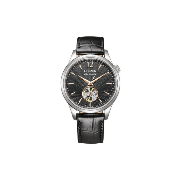 Citizen NH9131‑14E – montre homme automatique 40 mm acier, cadran noir open‑heart, bracelet cuir noir, réserve de marche 40h, étanche 50 m, élégance intemporelle