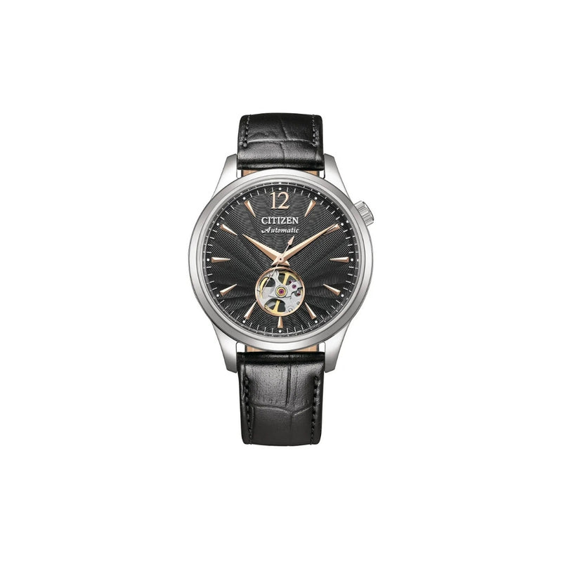 Citizen NH9131‑14E – montre homme automatique 40 mm acier, cadran noir open‑heart, bracelet cuir noir, réserve de marche 40h, étanche 50 m, élégance intemporelle