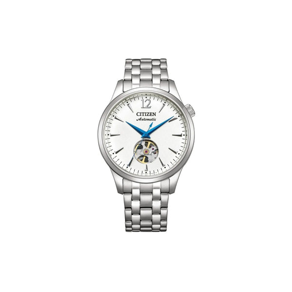 Citizen NH9131‑73A – montre homme automatique 40 mm acier, cadran blanc open‑heart, bracelet acier argenté, mécanique fiable et élégance intemporelle