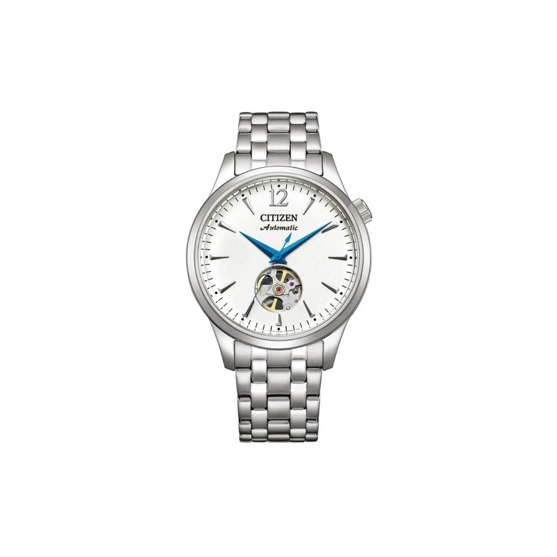 Citizen NH9131‑73A – montre homme automatique 40 mm acier, cadran blanc open‑heart, bracelet acier argenté, mécanique fiable et élégance intemporelle