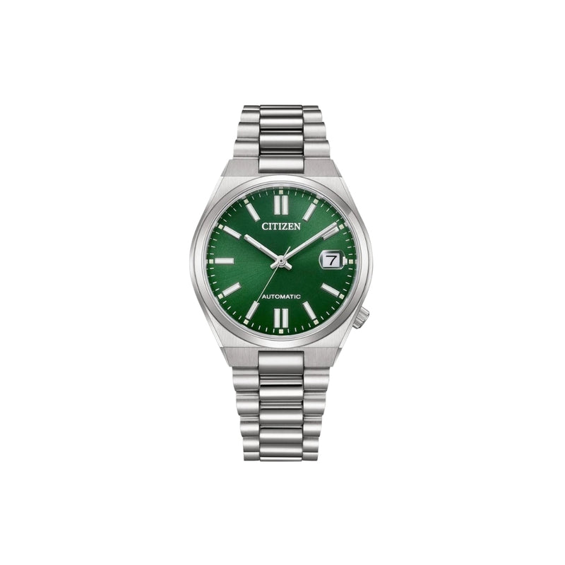 Citizen NJ0200-50X – montre automatique 37 mm acier, cadran vert, bracelet acier, verre saphir, date, étanchéité 50 m. Style compact, chic et moderne