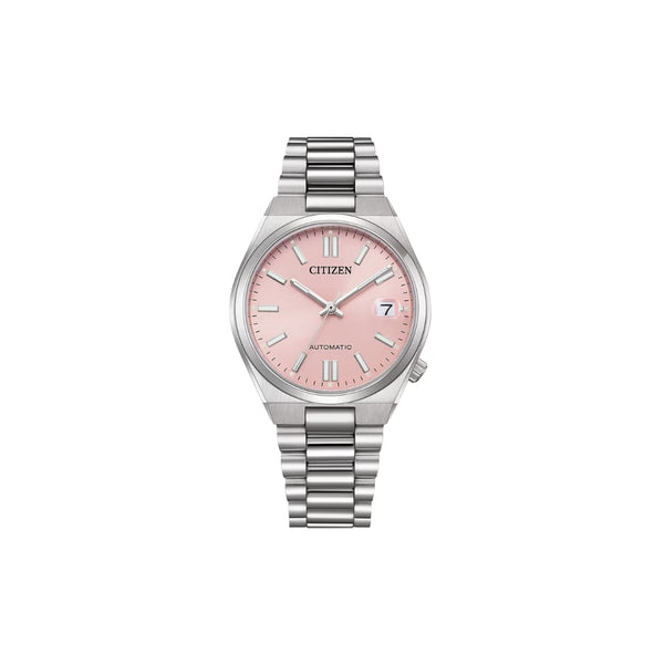 Citizen NJ0200-50Z – montre automatique 37 mm acier, cadran rose, bracelet acier, verre saphir, date, étanchéité 50 m. Élégance discrète et mécanique fiable