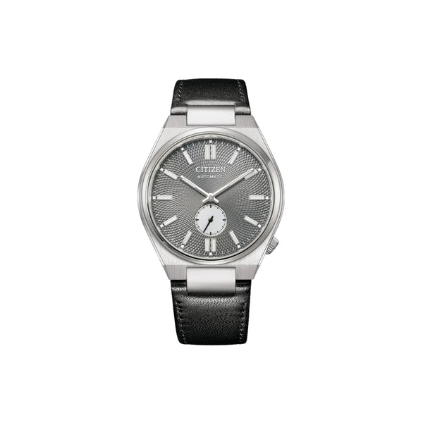 Citizen NK5010-01H – montre homme automatique 40 mm acier, cadran gris guilloché, petite seconde, bracelet cuir noir, verre saphir, réserve 60 h. Élégance et précision.