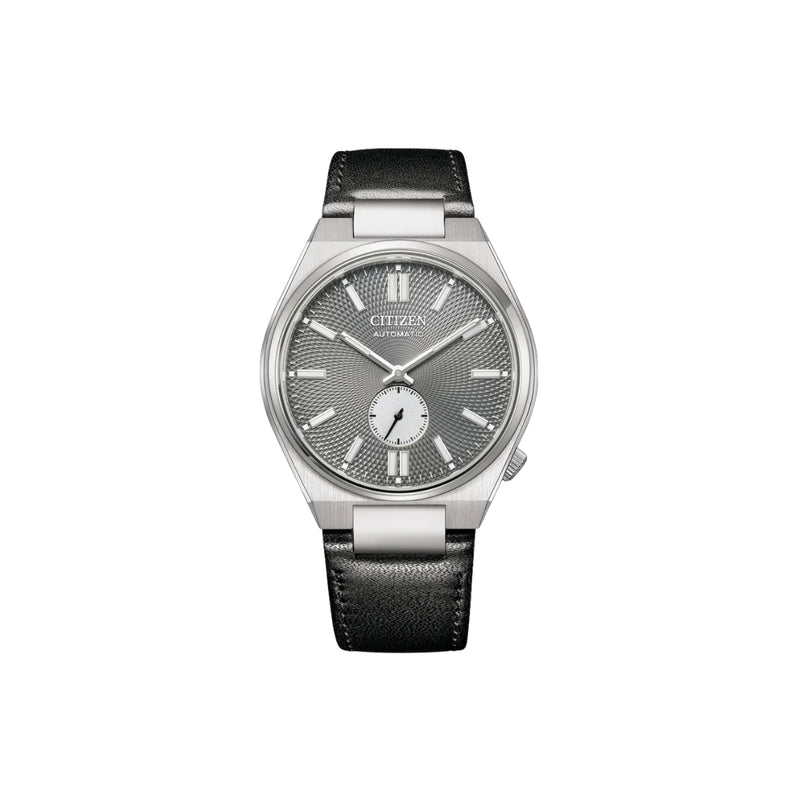Citizen NK5010-01H – montre homme automatique 40 mm acier, cadran gris guilloché, petite seconde, bracelet cuir noir, verre saphir, réserve 60 h. Élégance et précision.