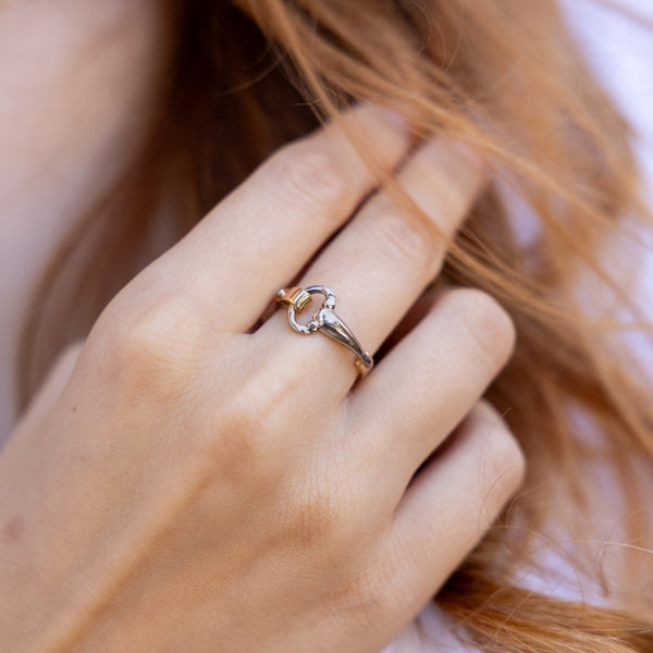 a bague Brocélia, cette pièce unique incarne l'harmonie entre la force et la grâce, reproduisant avec finesse les détails du mors. L'or gris et rose se marient subtilement, créant une bague raffinée, symbole de style et de passion équestre.