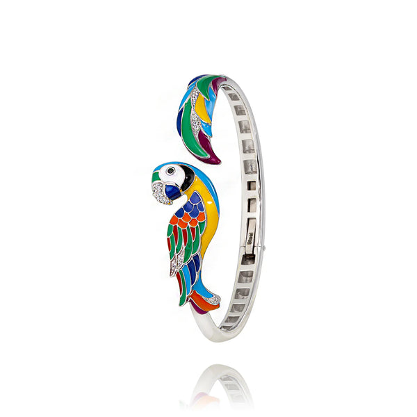 Vous êtes si nombreuses à adorer les bijoux argent LoveBird Una Storia ornés de ce magnifique ara que nos joailliers créateurs vous proposent un nouveau bracelet jonc ouvert argent femme sur le thème similaire pour l’été 2023.